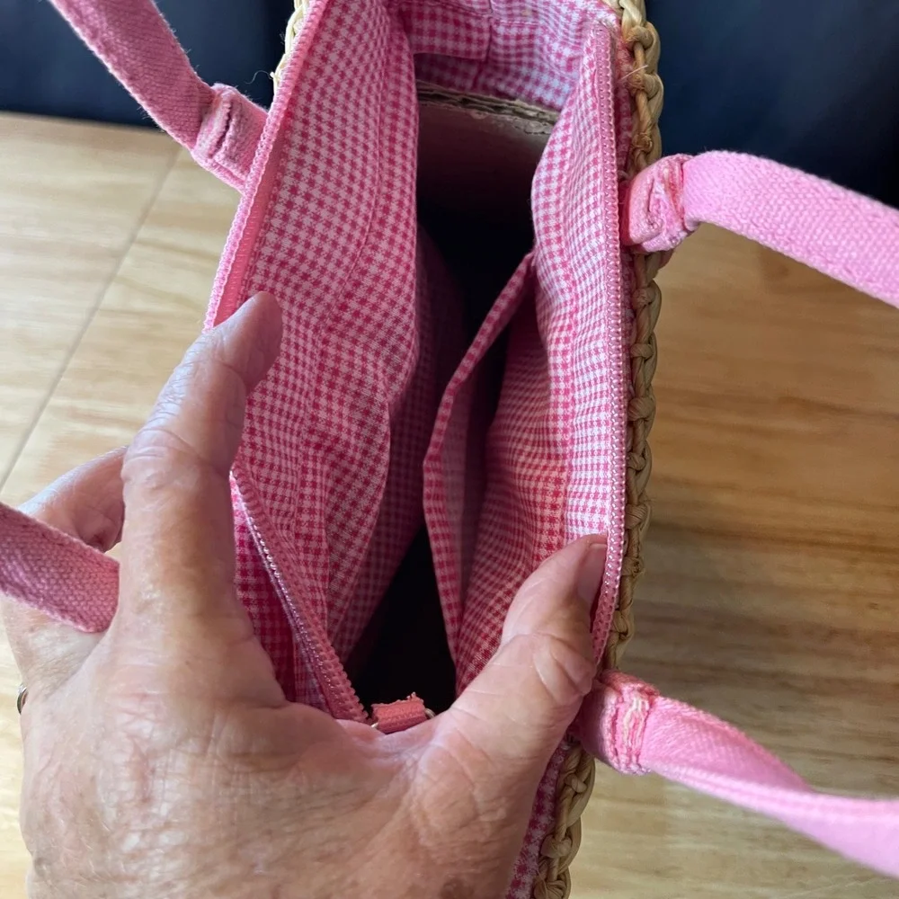 Woven Straw Daisy Tote Bag Pink Gingham Lining Sequin Floral Embroidery Small